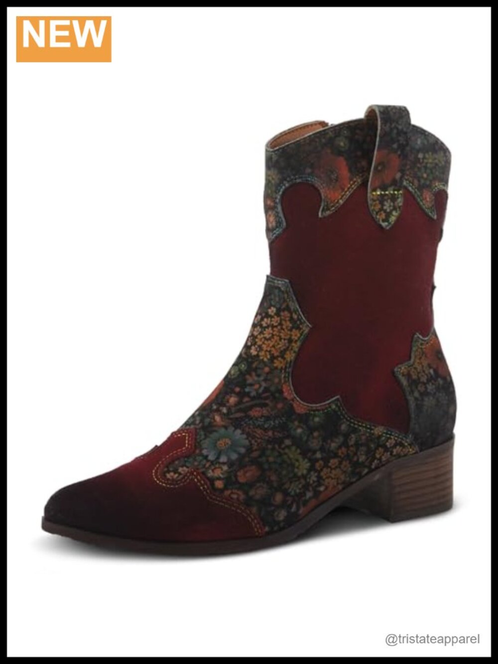Floral Embroidered Leather Western Ankle Booties Low Heel Zip Closure